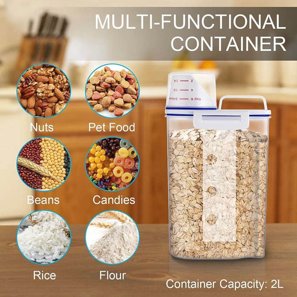 2L - Airtight Food Storage Container with Measuring Cup