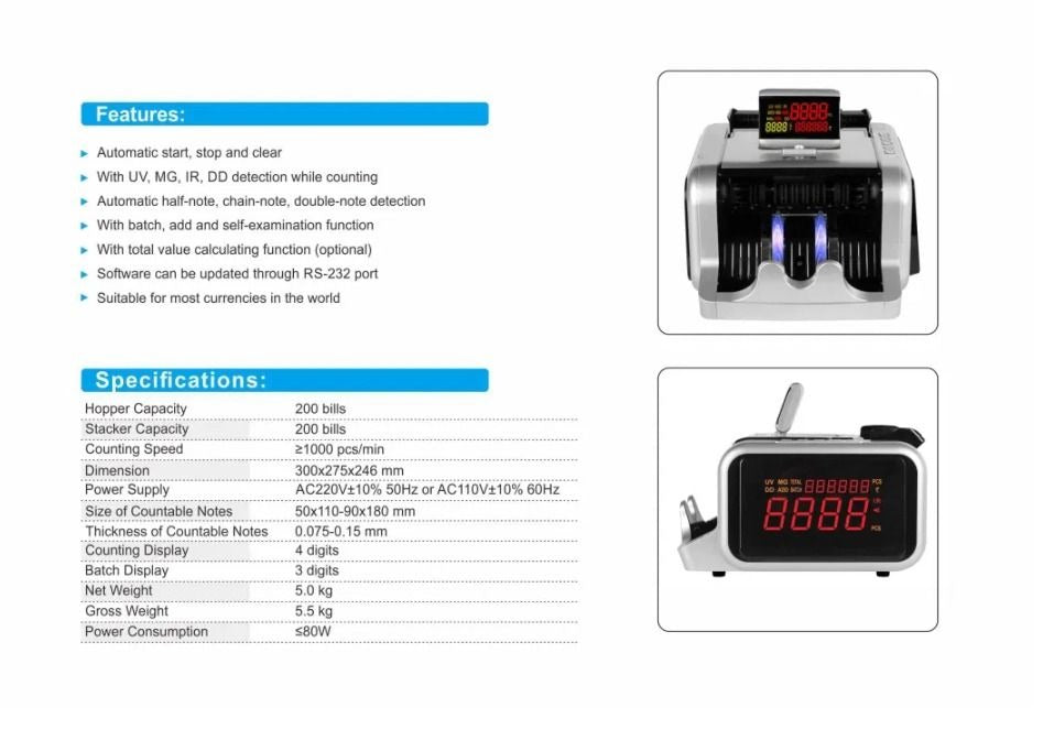 Bill Counter Multi Currency Banknotes Counterfeit Detecting Machine