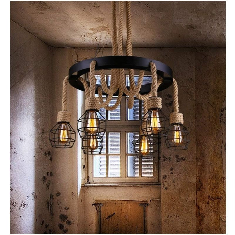 Vintage Stylish Metal and Rope Light Chandelier