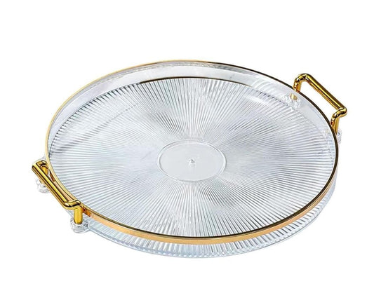 Round Serving Tray with Golden Handles and Golden Rim Border