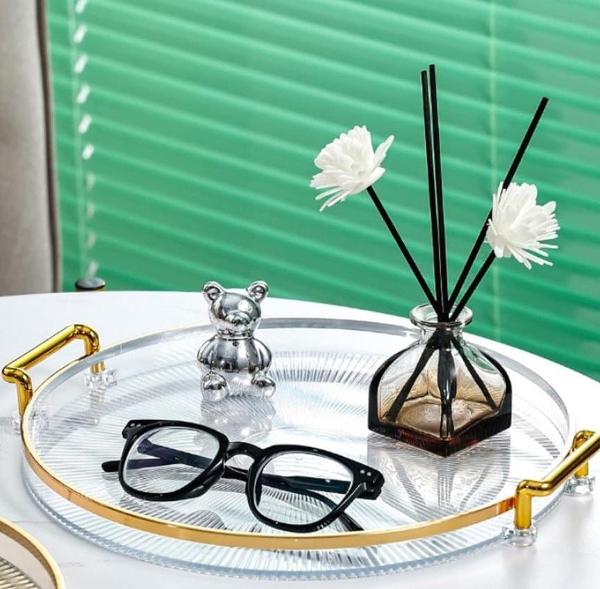 Round Serving Tray with Golden Handles and Golden Rim Border