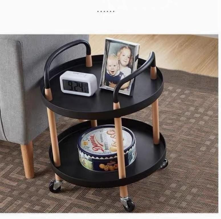 2-Tier Corner Double Layer Rolling Trolley Side Table - Black