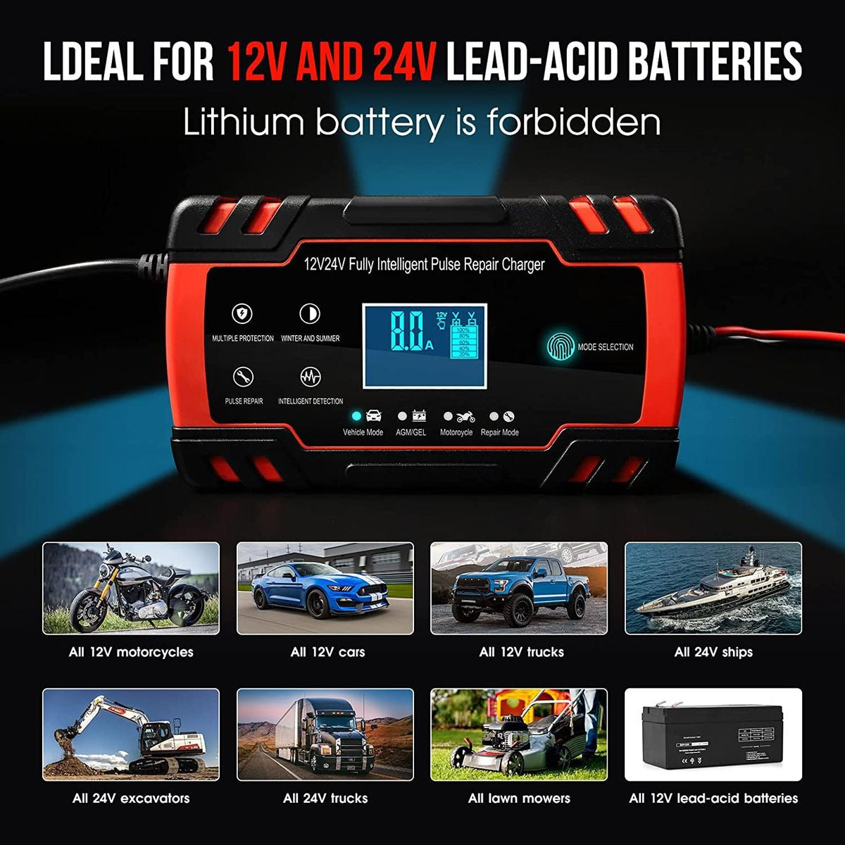 12V/24V 8A Intelligent Automatic Fast Battery Charger With 3-Stage Charging