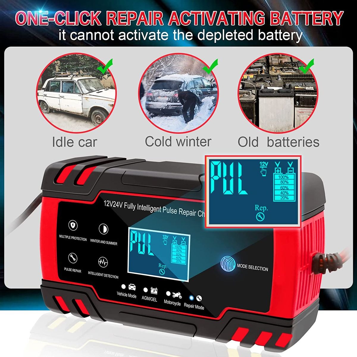 12V/24V 8A Intelligent Automatic Fast Battery Charger With 3-Stage Charging